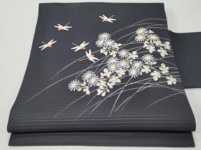 平和屋着物*夏物 塩瀬 九寸名古屋帯 駒刺繍 蜻蛉 枝花文 金銀彩 正絹 逸品 CAAW6894fb