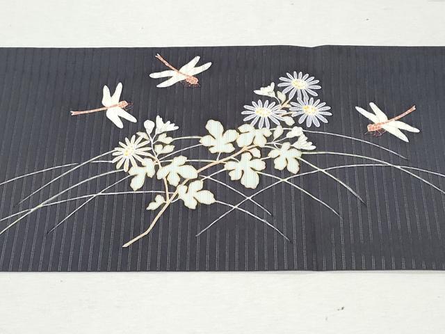 平和屋着物*夏物 塩瀬 九寸名古屋帯 駒刺繍 蜻蛉 枝花文 金銀彩 正絹 逸品 CAAW6894fb