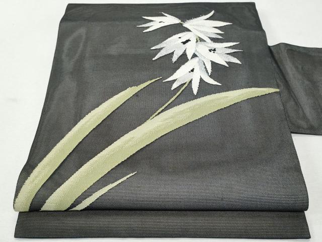 平和屋着物*夏物 九寸名古屋帯 枝花文 黒地 銀糸 正絹 逸品 CAAW6916fb