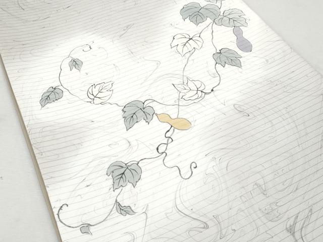 平和屋着物*夏物 川野義和 墨流し染 太鼓柄袋帯 京友禅 手描き 瓢箪蔦の葉文 五泉 反端付き 正絹 逸品 CAAW6998fb