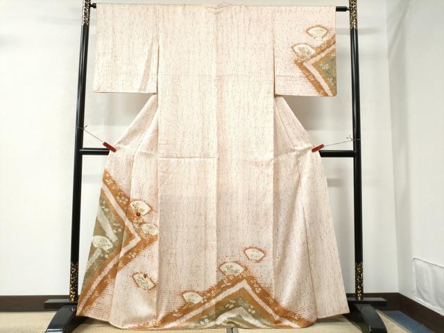 平和屋着物●訪問着 刺繍 杢目絞り 籬地紙草花文 金彩 正絹 逸品 CAAW7377yc