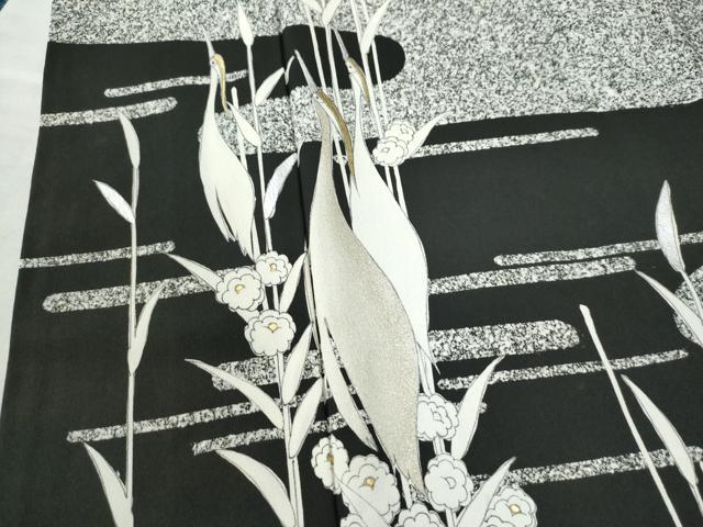 平和屋着物●訪問着 鷺草花文 たたき染め 黒地 金銀彩 正絹 逸品 CAAW7483yc