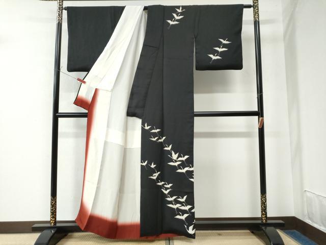 平和屋着物●訪問着 飛鶴文 黒地 正絹 逸品 CAAW7529yc