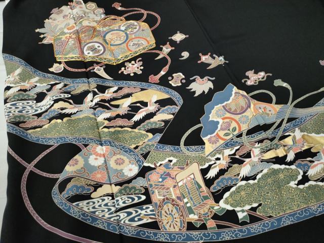 平和屋着物●豪華黒留袖 駒刺繍 文箱飛鶴扇御所車浜松花唐草文 金彩 正絹 逸品 CAAW7715yc