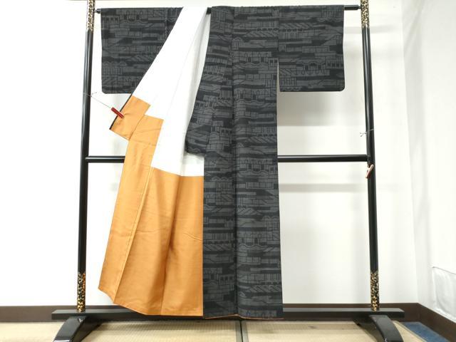 平和屋着物●結城紬 80亀甲 霞吉祥文 黒地 正絹 逸品 CAAW8070yc