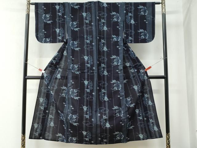 平和屋着物●久留米絣 単衣 魚 縞 綿 逸品 CAAW8362yc