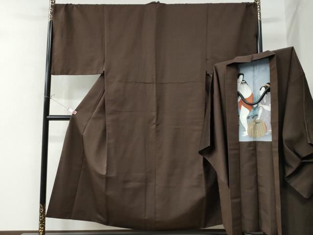 平和屋着物●男性 紬 アンサンブル 色無地 黒茶色 キングサイズ 正絹 逸品 CAAW8477yc