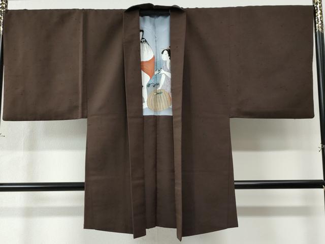 平和屋着物●男性 紬 アンサンブル 色無地 黒茶色 キングサイズ 正絹 逸品 CAAW8477yc