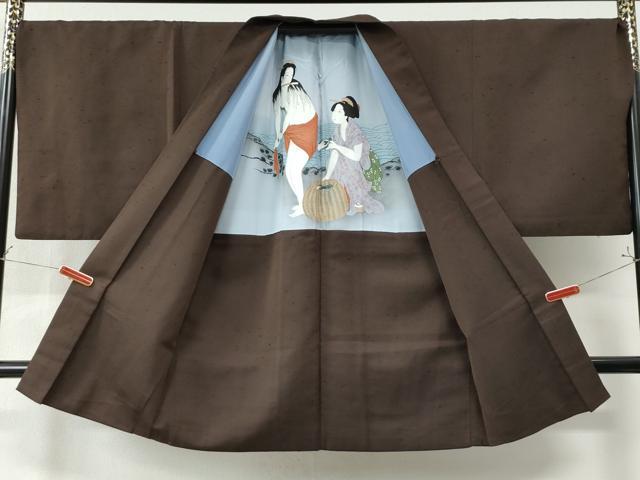 平和屋着物●男性 紬 アンサンブル 色無地 黒茶色 キングサイズ 正絹 逸品 CAAW8477yc