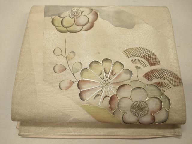 平和屋着物*夏物 太鼓柄袋帯 手描き 駒刺繍 地紙花文 金銀彩 正絹 逸品 CAAW8947oy