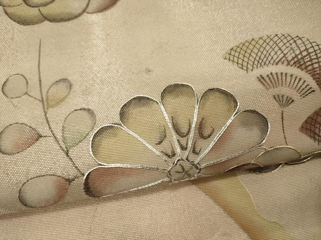 平和屋着物*夏物 太鼓柄袋帯 手描き 駒刺繍 地紙花文 金銀彩 正絹 逸品 CAAW8947oy