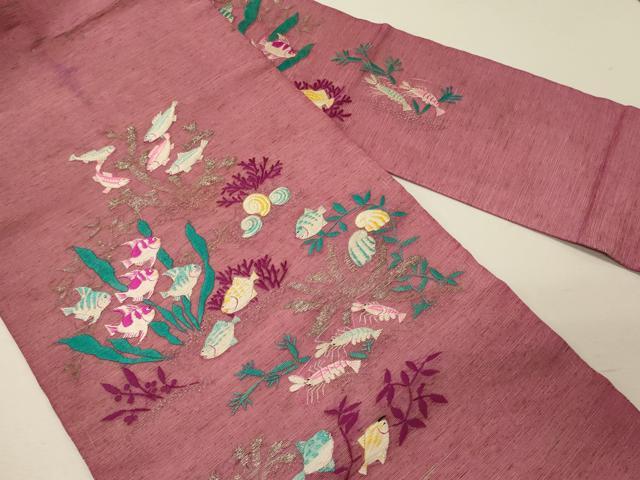 平和屋着物*夏物 アンティーク 大正ロマン 九寸名古屋帯 刺繍 魚 海老 銀糸 正絹 逸品 CAAW8987oy