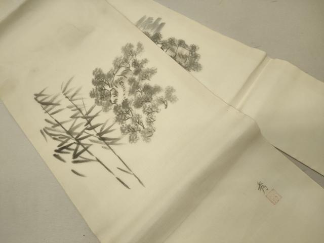 平和屋着物*夏物 九寸名古屋帯 作家物 手描き 風景笹竹文 正絹 逸品 CAAW9003oy