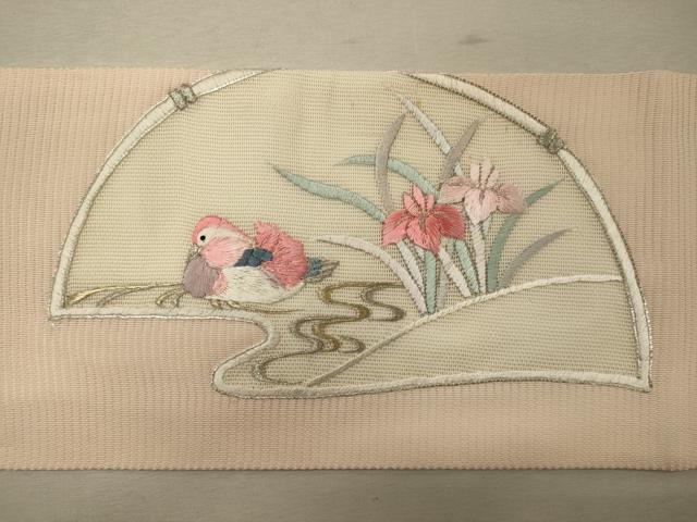 平和屋着物*夏物 九寸名古屋帯 駒刺繍 鴛鴦草花文 金銀糸 正絹 逸品 CAAW9022oy