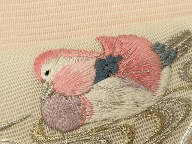 平和屋着物*夏物 九寸名古屋帯 駒刺繍 鴛鴦草花文 金銀糸 正絹 逸品 CAAW9022oy