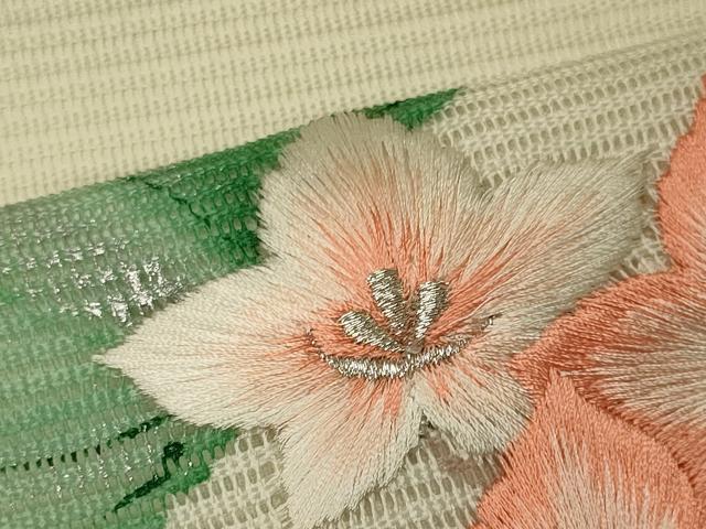 平和屋着物*夏物 九寸名古屋帯 作家物 刺繍 草花文 銀彩 正絹 逸品 CAAW9032oy