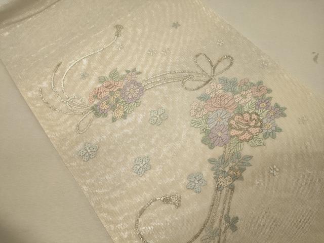 平和屋着物*夏物 太鼓柄袋帯 総刺繍 草花文 金糸 正絹 逸品 未使用 CAAW9055oy