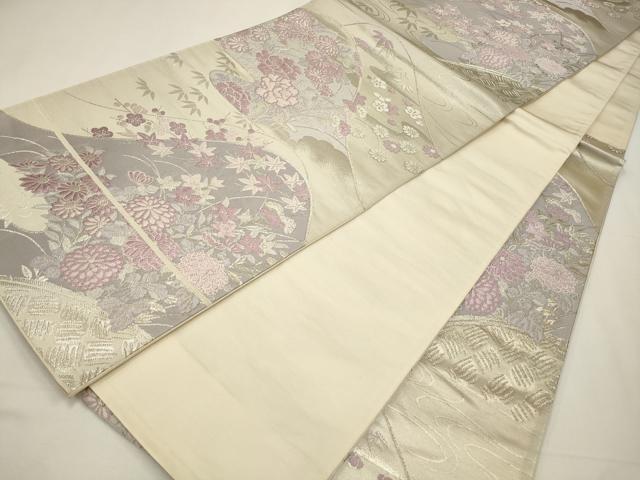 平和屋着物◎六通柄袋帯 唐織 遠山花文 銀糸 正絹 逸品 CAAW9250qe
