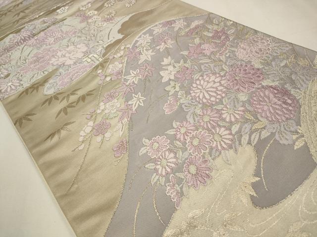 平和屋着物◎六通柄袋帯 唐織 遠山花文 銀糸 正絹 逸品 CAAW9250qe