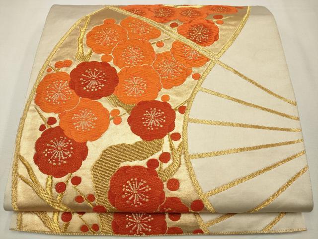 平和屋着物◎六通柄袋帯 唐織 扇面枝梅文 金糸 正絹 逸品 CAAW9324qe