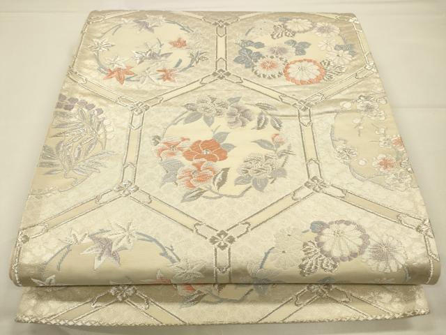 平和屋着物◎六通柄袋帯 唐織 亀甲花丸文 銀糸 正絹 逸品 CAAW9361qe