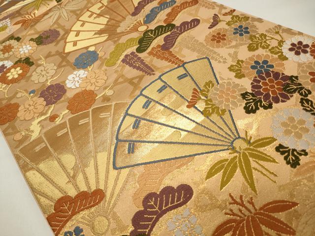 平和屋着物◎六通柄袋帯 唐織 扇面吉祥花文 松竹梅 金糸 正絹 逸品 CAAW9438qe