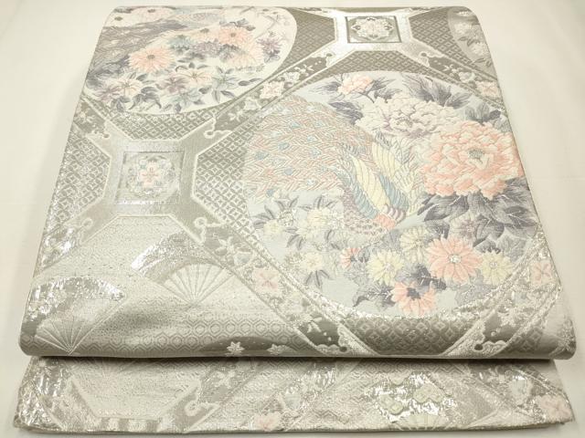 平和屋着物◎六通柄袋帯 唐織 九百錦 飾花丸鳥文 プラチナ箔 正絹 逸品 CAAW9498qe
