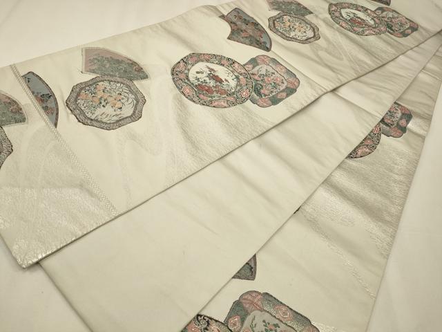 平和屋着物◎六通柄袋帯 絵皿花文 銀糸 正絹 逸品 CAAW9525qe