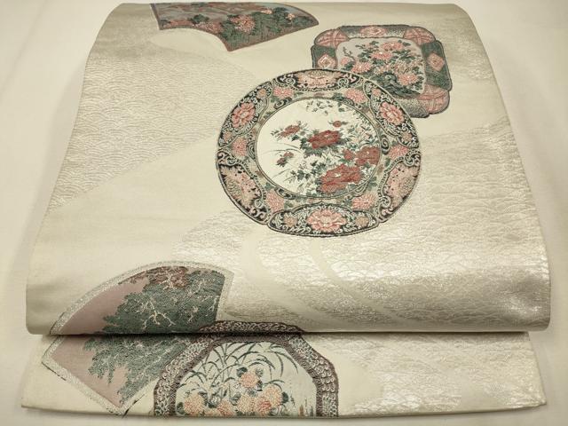 平和屋着物◎六通柄袋帯 絵皿花文 銀糸 正絹 逸品 CAAW9525qe