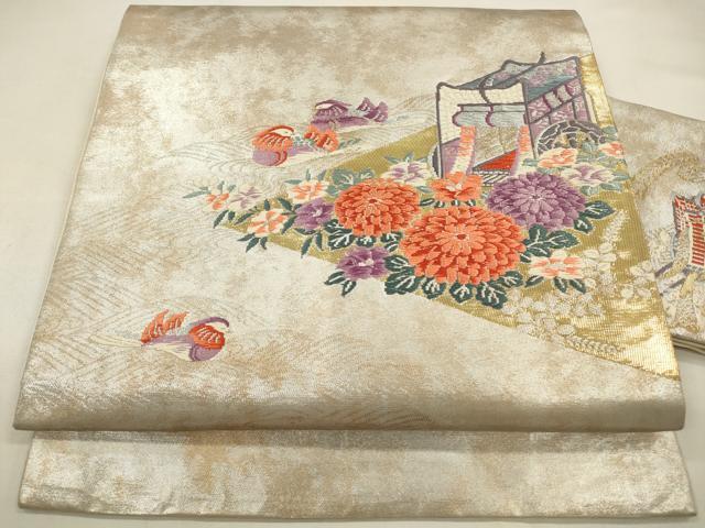 平和屋着物◎九寸名古屋帯 唐織 御所車鴛鴦花文 金銀糸 引箔 正絹 逸品 CAAW9598qe
