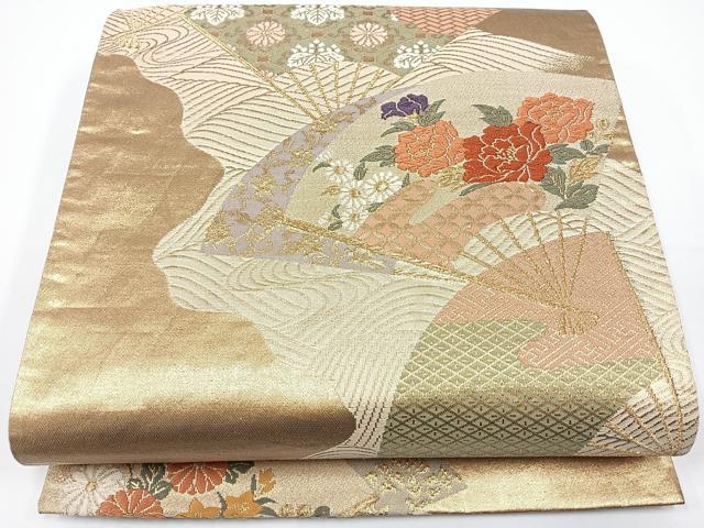 平和屋着物◎六通柄袋帯 唐織 扇面花文 金糸 正絹 逸品 CAAW9725nb