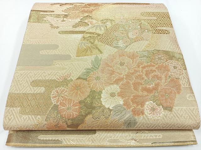 平和屋着物◎佐賀錦 六通柄袋帯 エ霞飛鶴花文 金糸 正絹 逸品 CAAW9777nb
