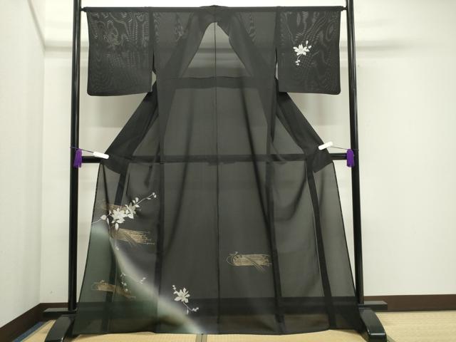平和屋着物*夏物 訪問着 絽 孔雀花文 暈し染め 黒地 金銀彩 正絹 逸品 CAAW9918gh