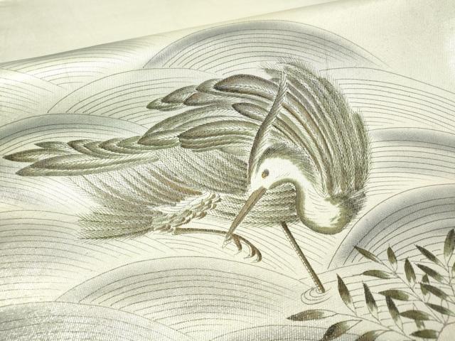平和屋着物▼六通柄袋帯 作家物 手描き 立波鳥文 銀彩 引箔 正絹 逸品 CAAX0128vp