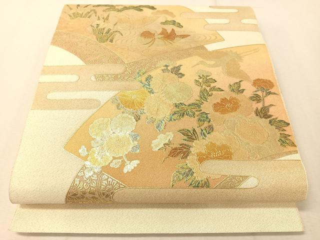 平和屋着物▼太鼓柄袋帯 地紙花鳥文 金通し地 引箔 正絹 逸品 CAAX0377vp