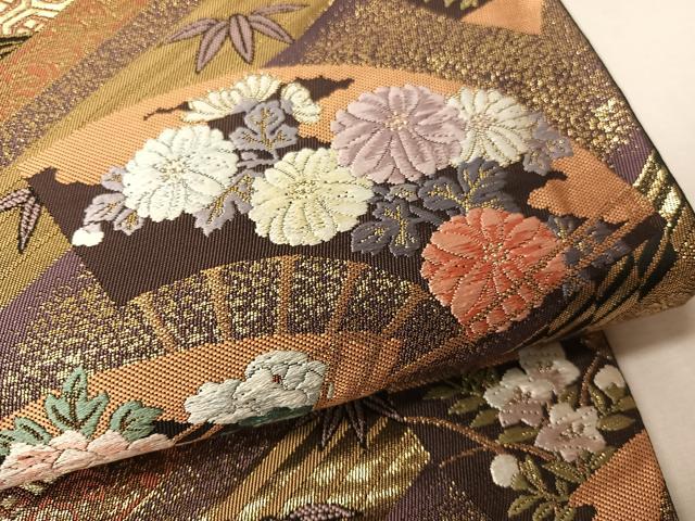 平和屋着物▼六通柄袋帯 唐織 瑞重扇蒔絵 金糸 正絹 逸品 CAAX0397vp