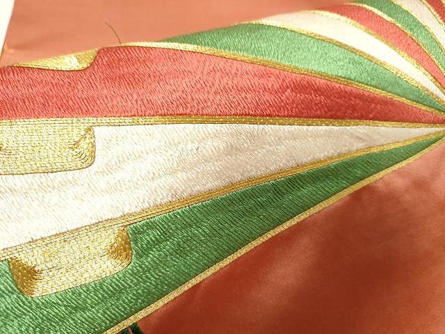 平和屋着物●アンティーク 大正ロマン 九寸名古屋帯 駒刺繍 総刺繍 扇面文 正絹 逸品 CAAX0610yk