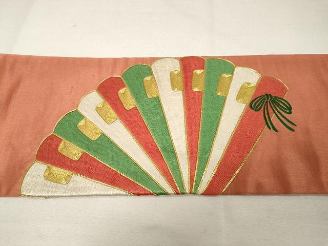 平和屋着物●アンティーク 大正ロマン 九寸名古屋帯 駒刺繍 総刺繍 扇面文 正絹 逸品 CAAX0610yk