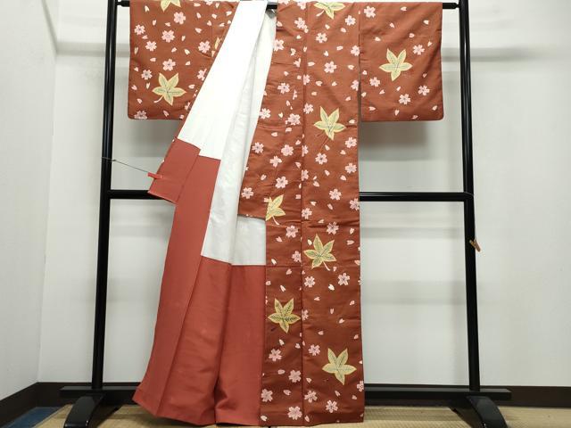 平和屋着物●上質な小紋 紬地 型染め 楓花文 正絹 逸品 CAAX0810vf
