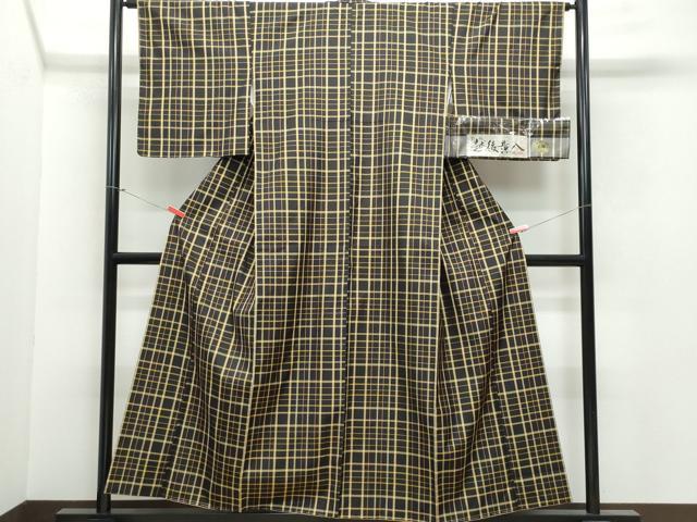 平和屋着物●越後黄八 紬 黒八丈 格子柄 証紙付き 正絹 逸品 CAAX0813vf