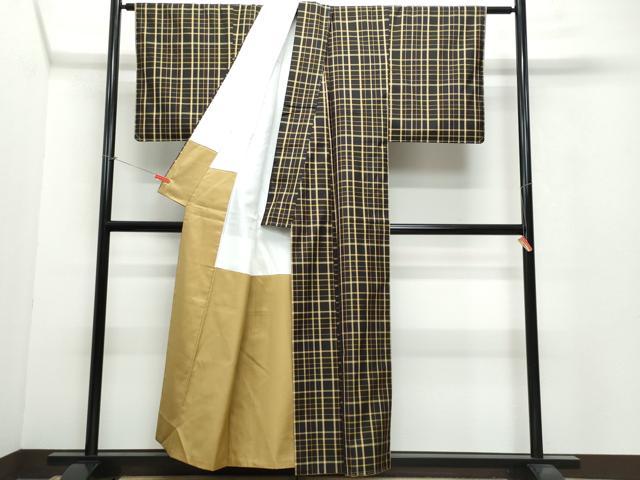 平和屋着物●越後黄八 紬 黒八丈 格子柄 証紙付き 正絹 逸品 CAAX0813vf