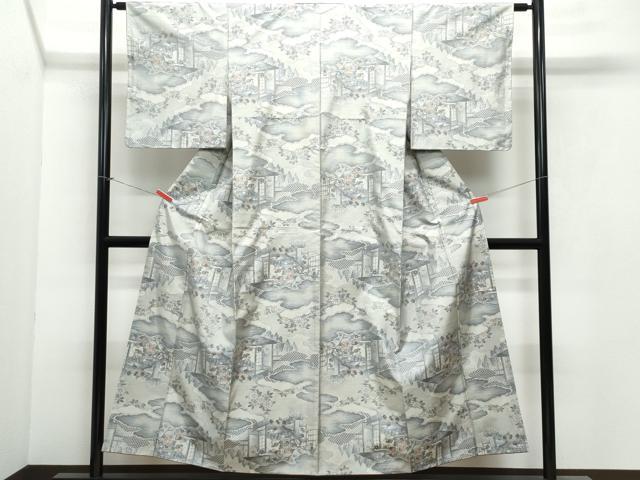平和屋着物●本場大島紬 白大島 風景人物枝花文 正絹 逸品 CAAX0960vf