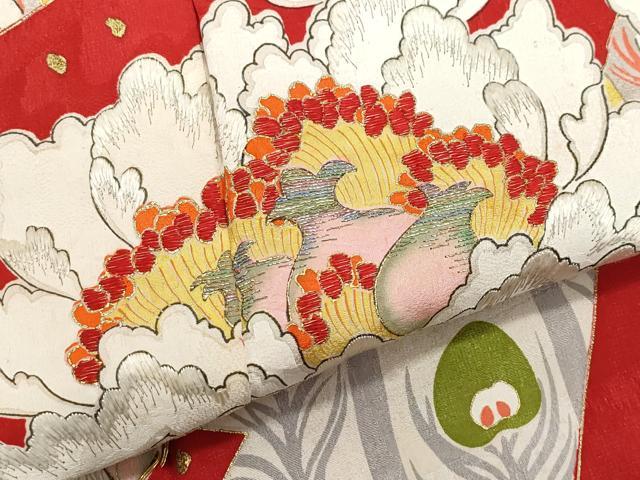 平和屋着物●アンティーク 大正ロマン 駒刺繍 孔雀羽牡丹文 金彩 正絹 逸品 CAAX0993vf