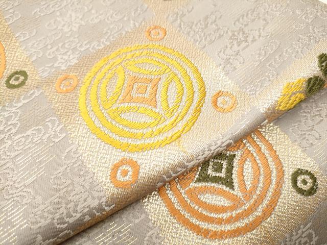 平和屋着物●六通柄袋帯 市松吉祥花文 金糸 正絹 逸品 CAAX1244hy