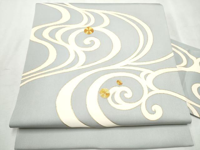 平和屋着物●塩瀬 九寸名古屋帯 駒刺繍 流水文 金彩 正絹 逸品 CAAX1326hy