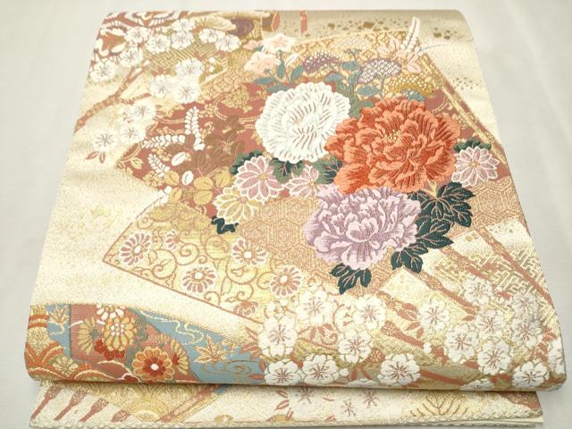 平和屋着物●六通柄 本袋帯 誰が袖扇 金糸 正絹 逸品 CAAX1493hy