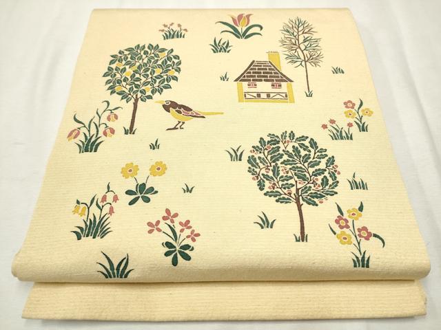 平和屋着物●九寸開き名古屋帯 紬地 型染め 花鳥風景文 正絹 逸品 CAAX1501hy