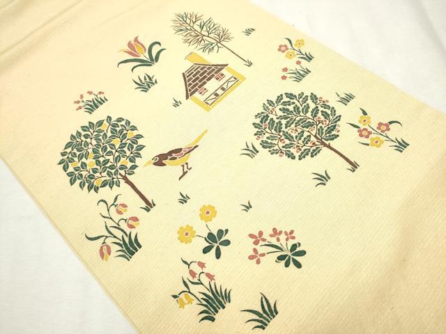 平和屋着物●九寸開き名古屋帯 紬地 型染め 花鳥風景文 正絹 逸品 CAAX1501hy