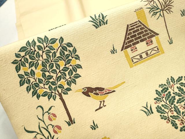 平和屋着物●九寸開き名古屋帯 紬地 型染め 花鳥風景文 正絹 逸品 CAAX1501hy