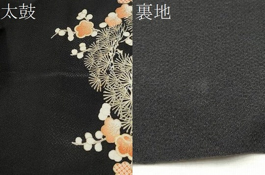 平和屋着物●九寸名古屋帯 松竹梅風景文 黒地 金彩 鬼しぼ縮緬 正絹 逸品 CAAX1513hy